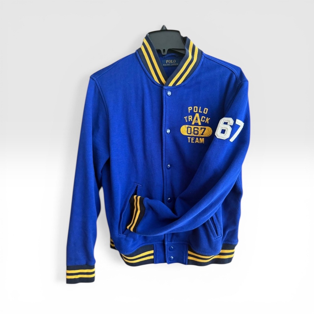 Polo Ralph Lauren Varsity Jacket Mens Small‎ Blue Yellow Track Team Fleece Snap